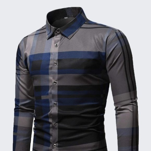 undefined Other - Business Casual Blue Men's Plaid Print Shirt